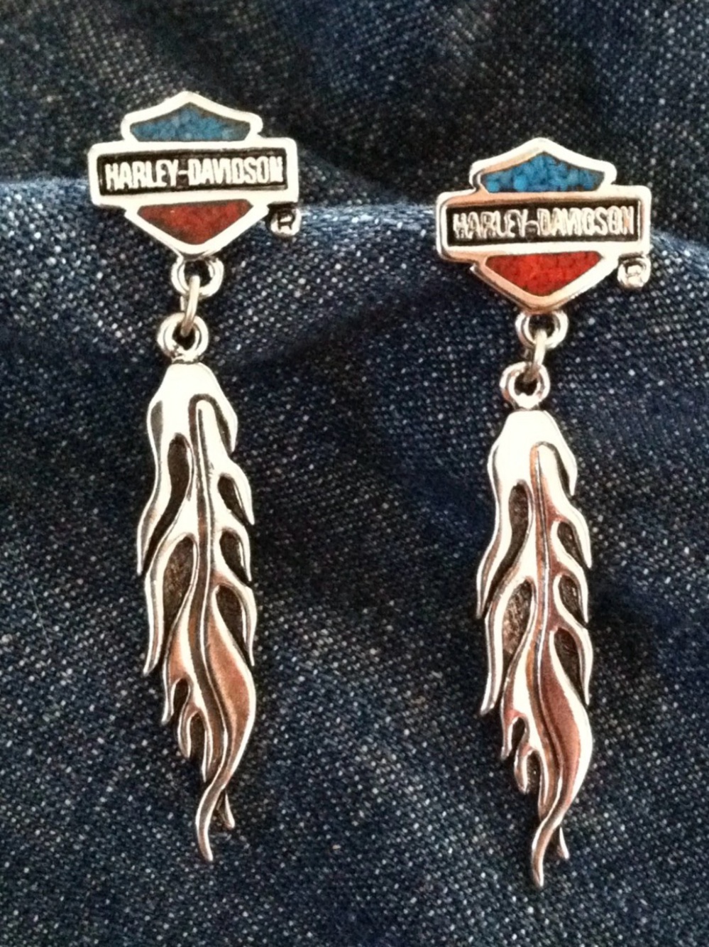 Harley-Davidson Silver Feather Dangle Earrings with Blue and Red Accents